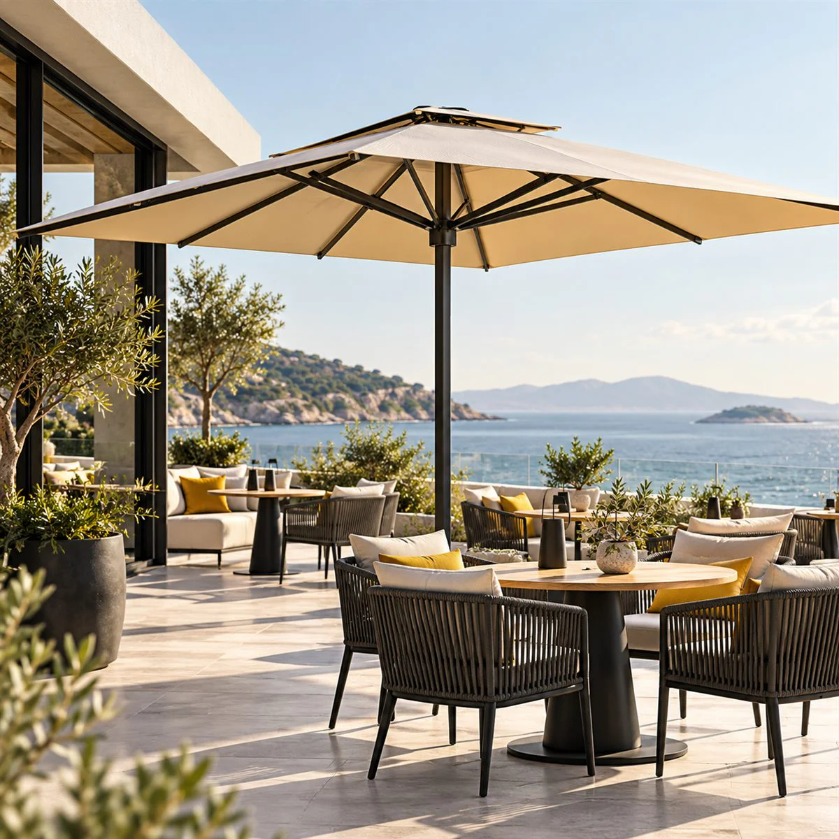 Deniz manzaralı restoran terasında Gold şemsiyesi